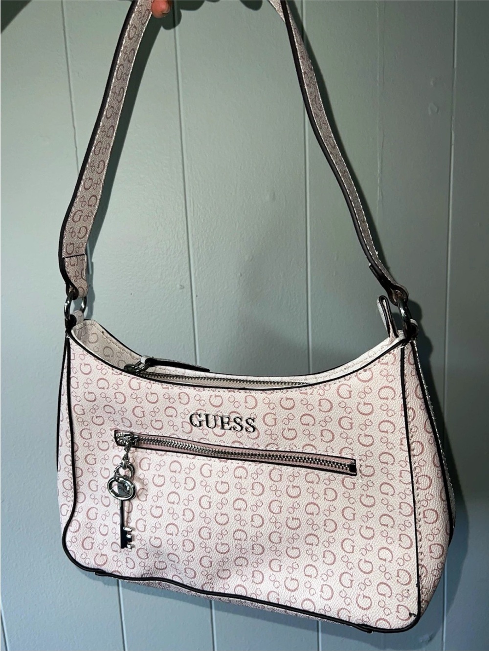 GUESS Beige Logo Small Crescent Shoulder Bag Zip Gold Hardware Inner Pockets